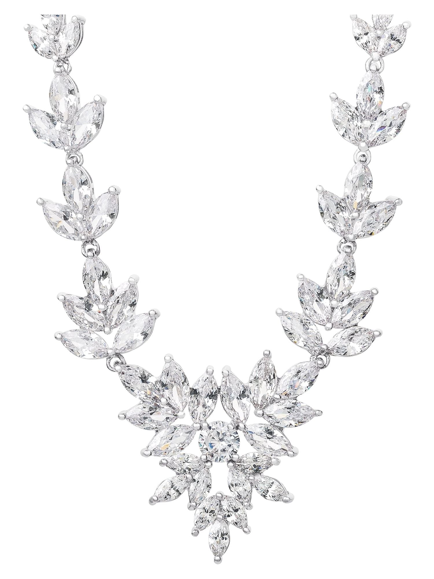 Believe by Brilliance Women's Sterling Silver and Cubic Zirconia Leaves Cluster Statement Necklace, 18"+ 2"