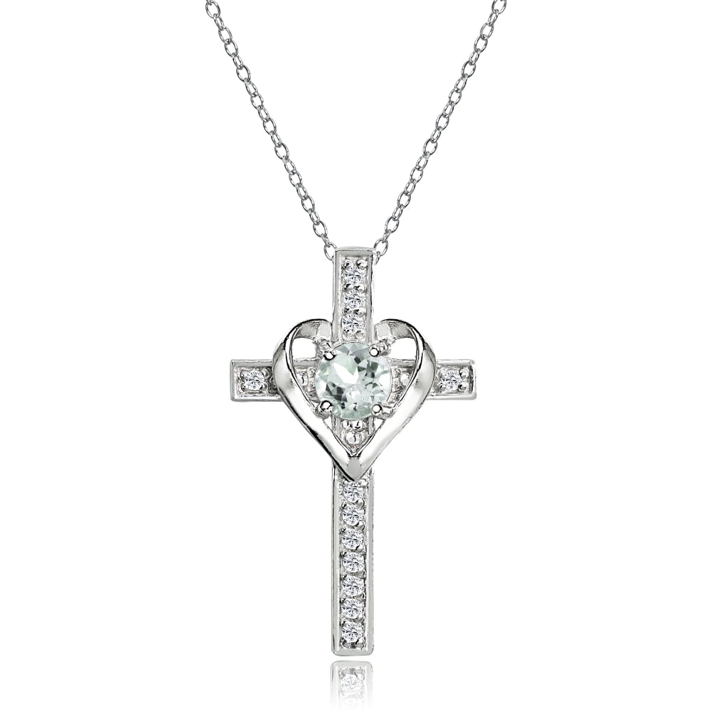 Sterling Silver Blue Topaz and White Topaz Heart Cross Birthstone Pendant Necklace